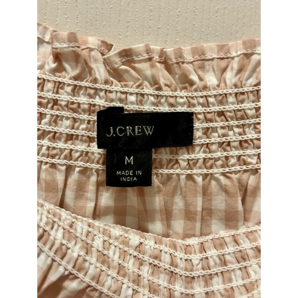 J.Crew Smocked 100% Cotton Puff-Sleeve Lined Poplin Dress Tan White Gingham Sz M - Picture 8 of 16